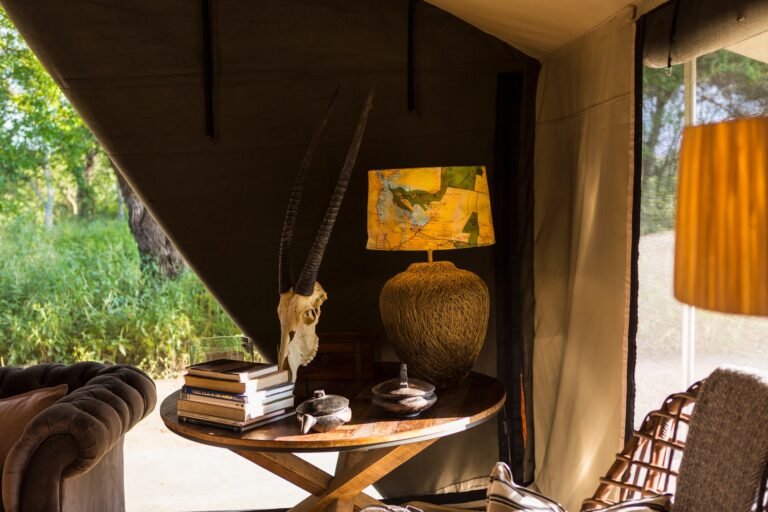 Benson Safaris | The interior of a tent in a safari camp, tent sides rolled up.
